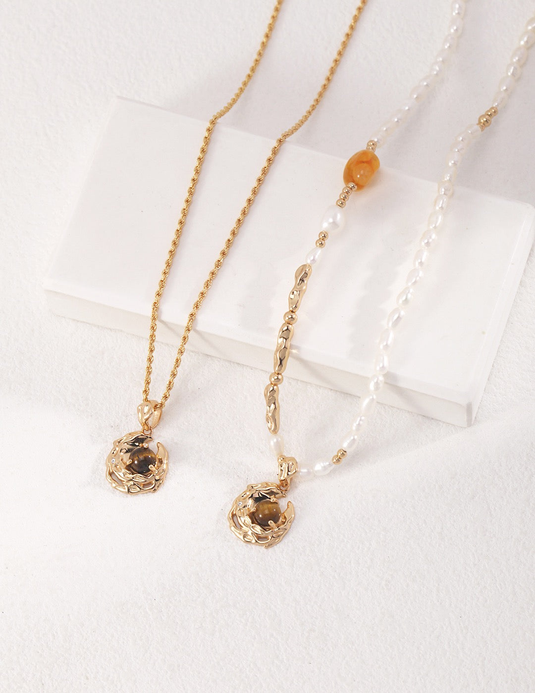 Irregular Pendant with Freshwater Pearl and Tiger Eye Stone Wrapping