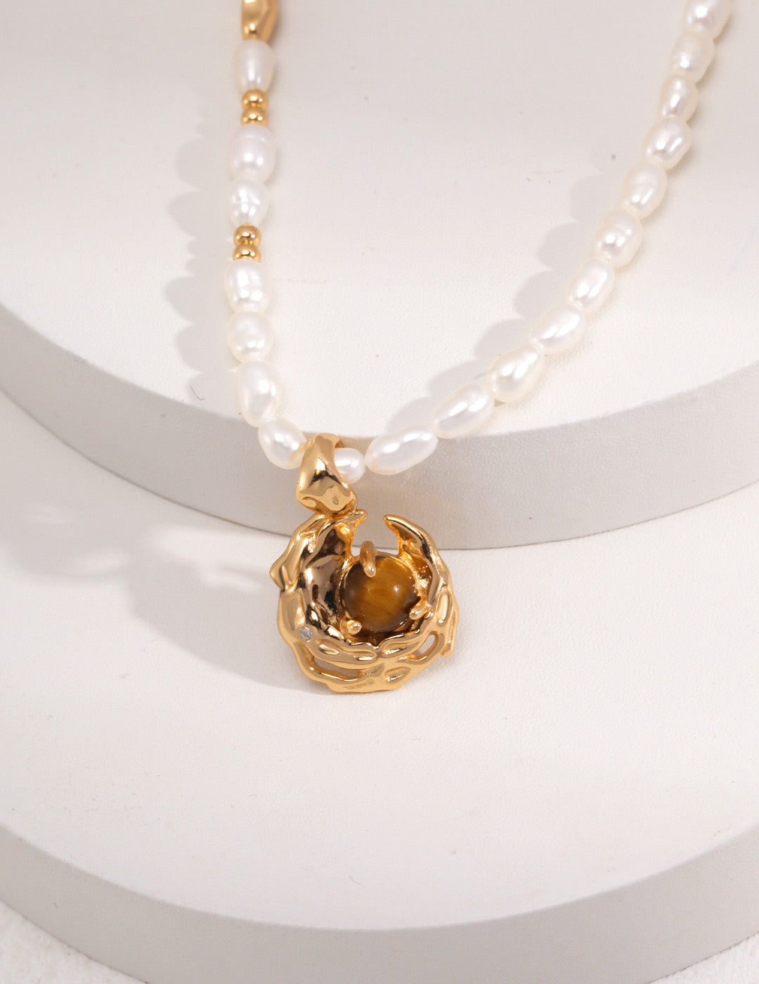 Irregular Pendant with Freshwater Pearl and Tiger Eye Stone Wrapping